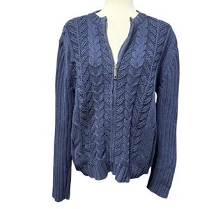 Eddie Bauer Cable Knit Zip Cardigan Navy Blue Size XL Chunky Thick Cotton Cozy